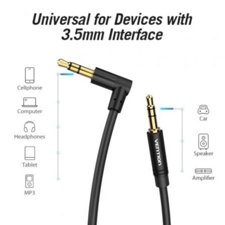 Cable Estéreo Vention BAKBF-T Jack 3.5mm Macho-Macho 1m Plano Ángulo Recto Negro