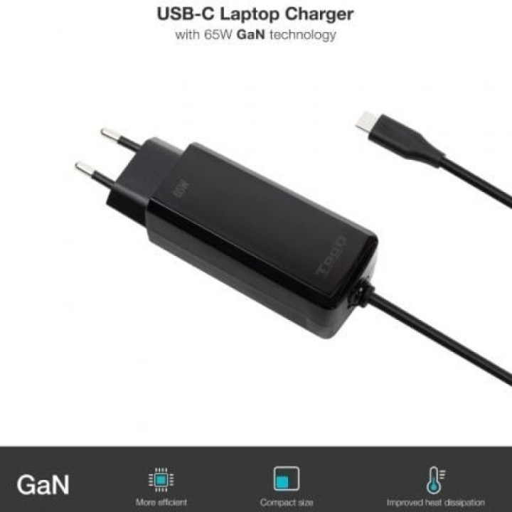 Cargador Portátil TooQ TQLC-USBCGAN65PD-C GaN 65W USB-C 1.8m Negro