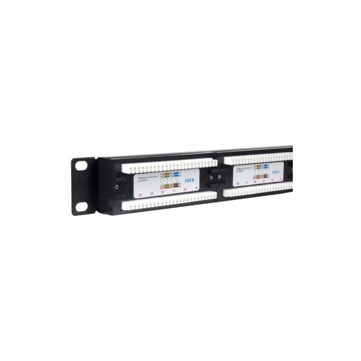 Patch Panel PHASAK PU 2420 24 Puertos Cat.6 1U UTP Dual Rack 19″ Metálico Negro
