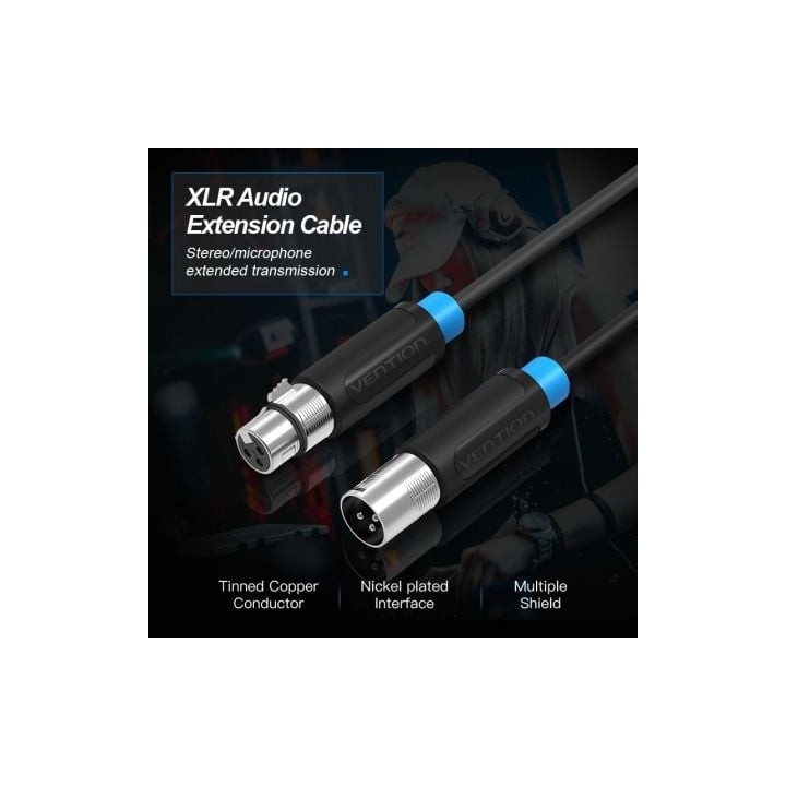 Cable XLR Vention BBFBJ 5m Negro Macho a Hembra Conector Oro PVC AWG23