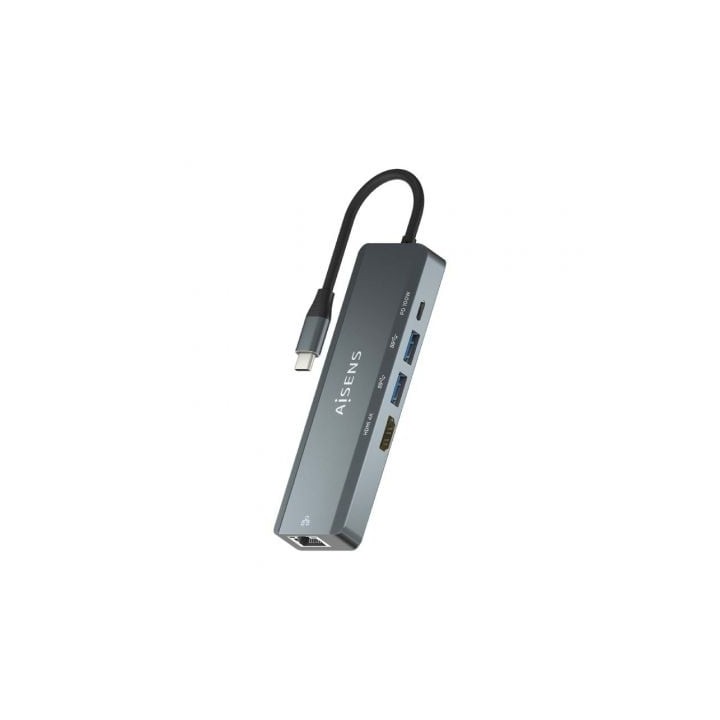 Conversor USB-C AISENS Dock 5 en 1 HDMI/RJ45/2xUSB/PD 100W Aluminio 15cm Gris