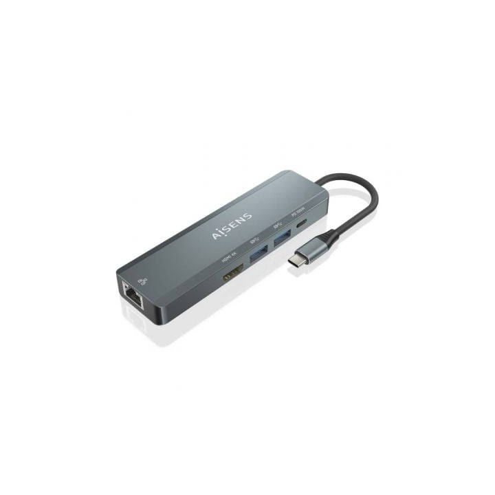 Conversor USB-C AISENS Dock 5 en 1 HDMI/RJ45/2xUSB/PD 100W Aluminio 15cm Gris