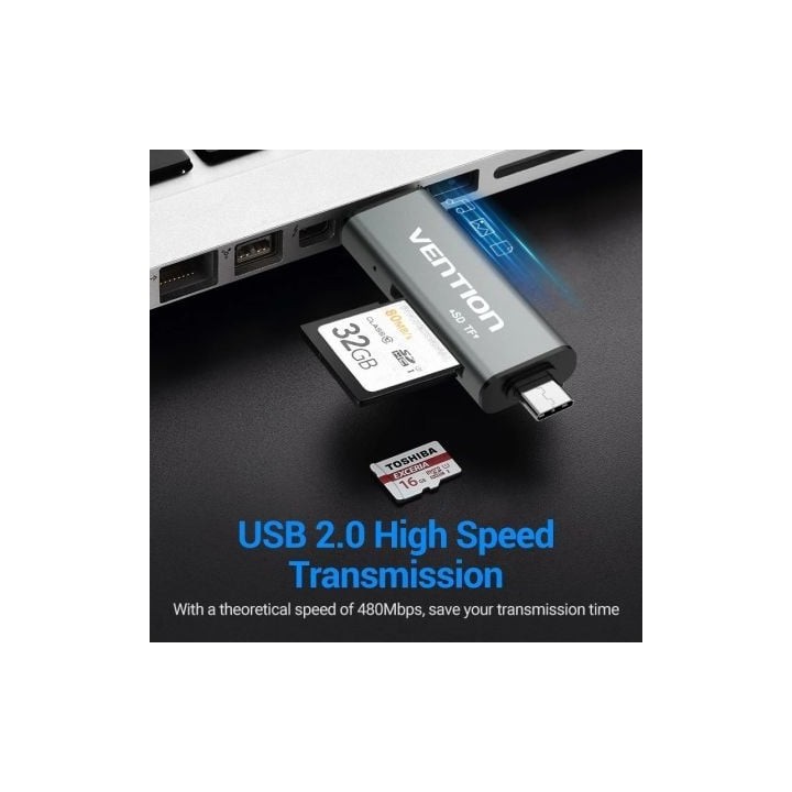 Lector de Tarjetas Vention CCJH0 USB 2.0/USB-C/Micro Aleación Aluminio 256GB Gris