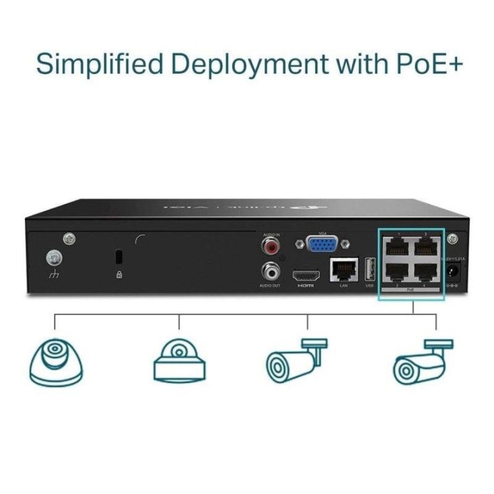 Cámara IP TP-Link VIGI NVR1004H-4P 3840x2160 PoE 4 Canales H.265+ Grabación Multi-Resolución