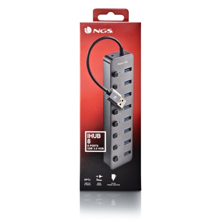 Hub USB NGS IHUB8 8 puertos USB 3.0 con interruptores y carga rápida BC1.2