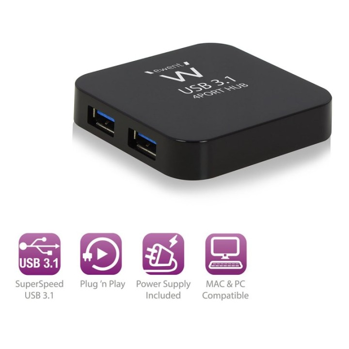 Hub USB Ewent EW1134 4 Puertos USB 3.1 Gen1 5Gbit/s 52,5cm Negro Compacto