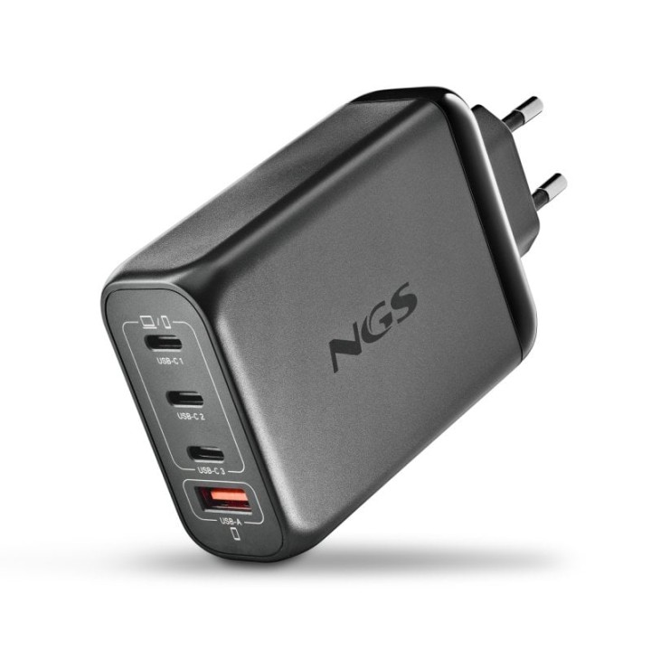 NGS BUD140W Cargador GaN Ultrarrápido de 140W con 3x USB-C (PD3.1/PPS) + 1x USB-A QC3.0 Negro