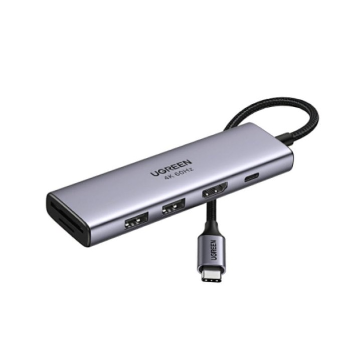 Hub Ugreen 6en1 USB-C Gris Plata HDMI 4K60Hz 2xUSB-A SD TF PD 100W Compacto