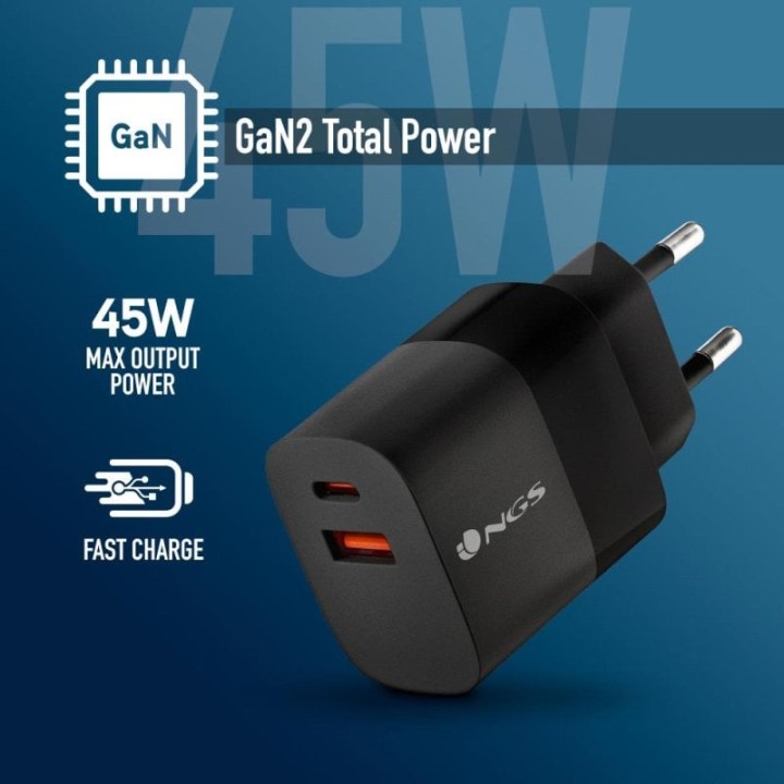 NGS BUD 45W Cargador GaN de pared ultrarrápido de 45W con 2 Puertos: USB-C + USB-A