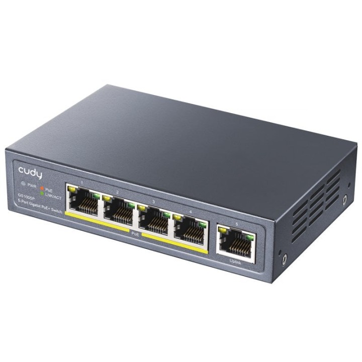 Switch CUDY 5 Puertos Gigabit Ethernet 4 PoE+ 10Gbps Sin Ventilador Rack AC/DC
