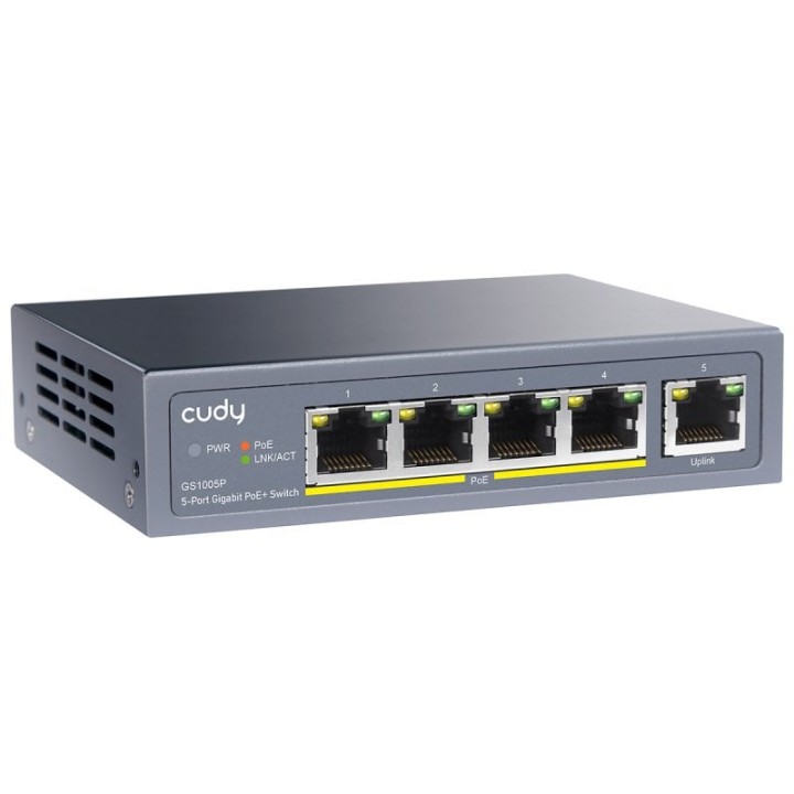 Switch CUDY 5 Puertos Gigabit Ethernet 4 PoE+ 10Gbps Sin Ventilador Rack AC/DC