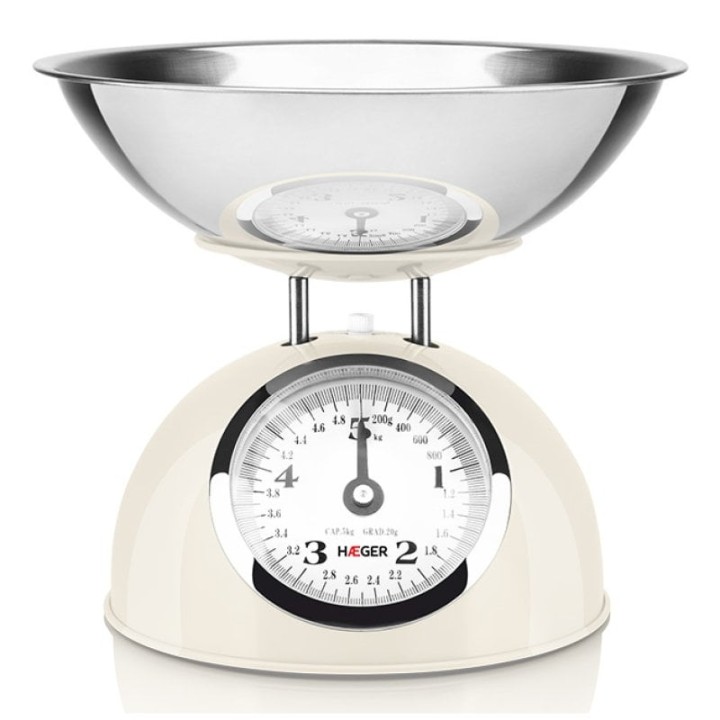 Báscula de cocina Haeger mecánica 5 kg tazón extraíble acero y crema