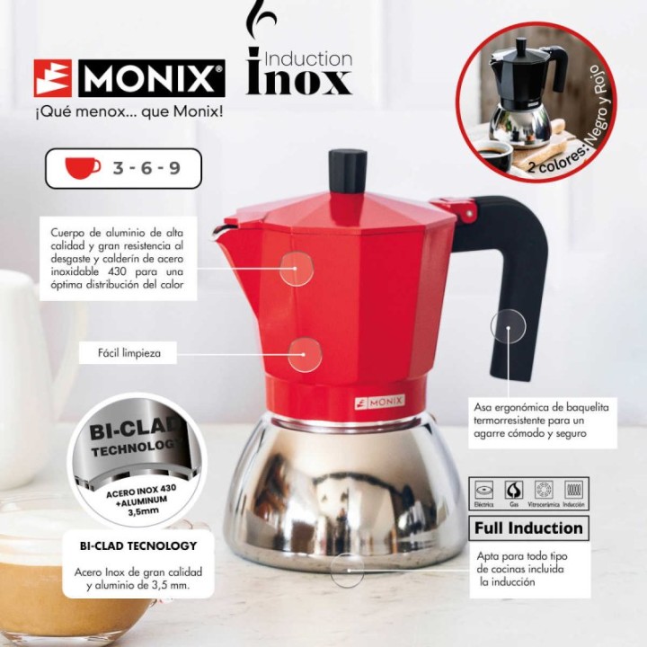Cafetera Italiana Monix Induction Inox 9 tazas 0,47L rojo para inducción