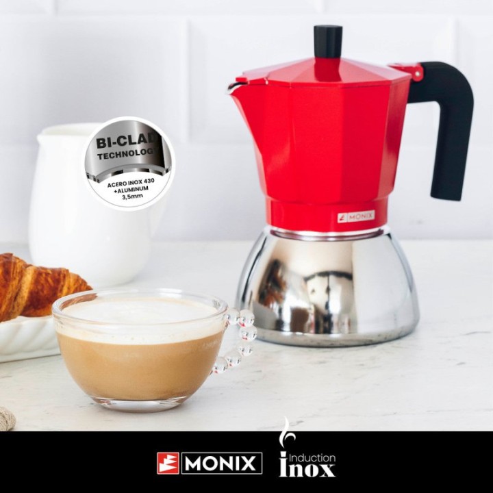 Cafetera Italiana Monix Induction Inox 9 tazas 0,47L rojo para inducción