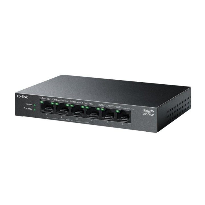 Switch TP-Link 6 puertos Fast Ethernet 4 PoE 47,76W sin ventilador QoS montaje pared
