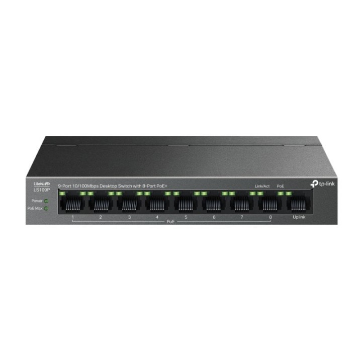 Switch TP-Link 9 Puertos Fast Ethernet 8 PoE+ 73.24W Sin Ventilador QoS Muro
