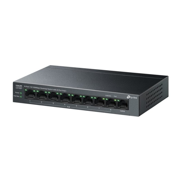 Switch TP-Link 9 Puertos Fast Ethernet 8 PoE+ 73.24W Sin Ventilador QoS Muro