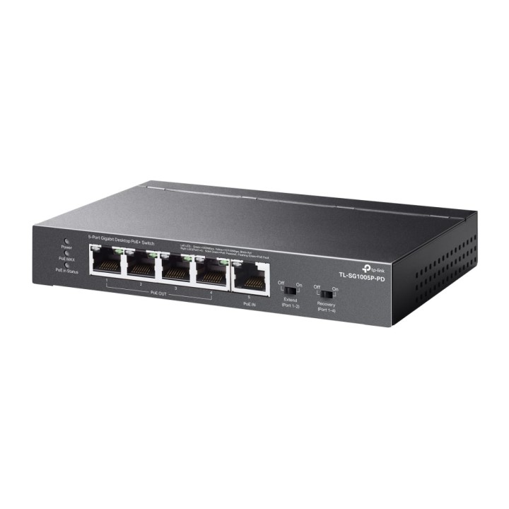 Switch TP-Link TL-SG1005P-PD 5 puertos Gigabit PoE+ sin ventilador montaje pared