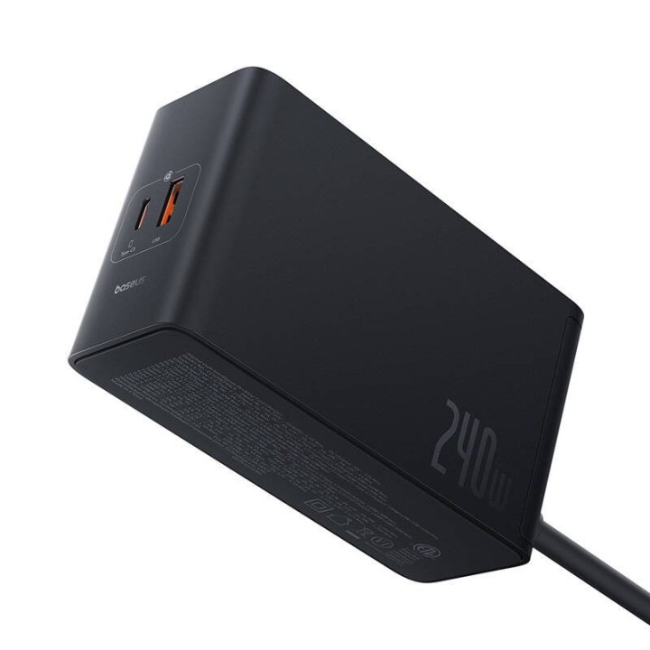 Baseus Cargador Rápido Inteligente de Escritorio GaN 3C+U+DC 240W + Cable CC-CC 240W 1m Negro