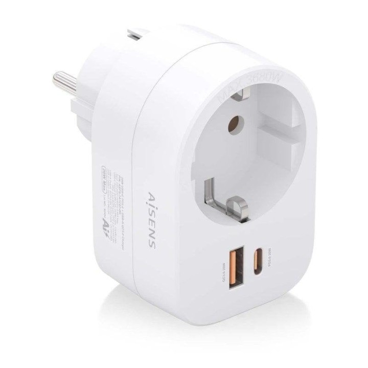 Regleta de pared Aisens 1 Schuko 1 USB-C 20W PD 3.0 1 USB-A 20W QC 3.0 GaN Blanco