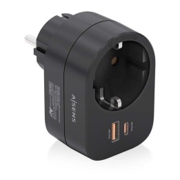 Regleta de pared AISENS PRPW1P-032C con USB-C 20W PD3.0, USB-A 20W QC3.0 y toma Schuko, Negro