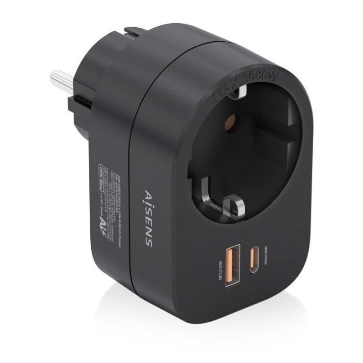 Regleta de pared AISENS PRPW1P-032C con USB-C 20W PD3.0, USB-A 20W QC3.0 y toma Schuko, Negro
