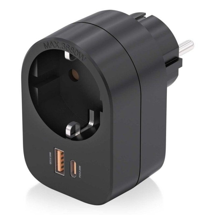 Regleta de pared AISENS PRPW1P-032C con USB-C 20W PD3.0, USB-A 20W QC3.0 y toma Schuko, Negro