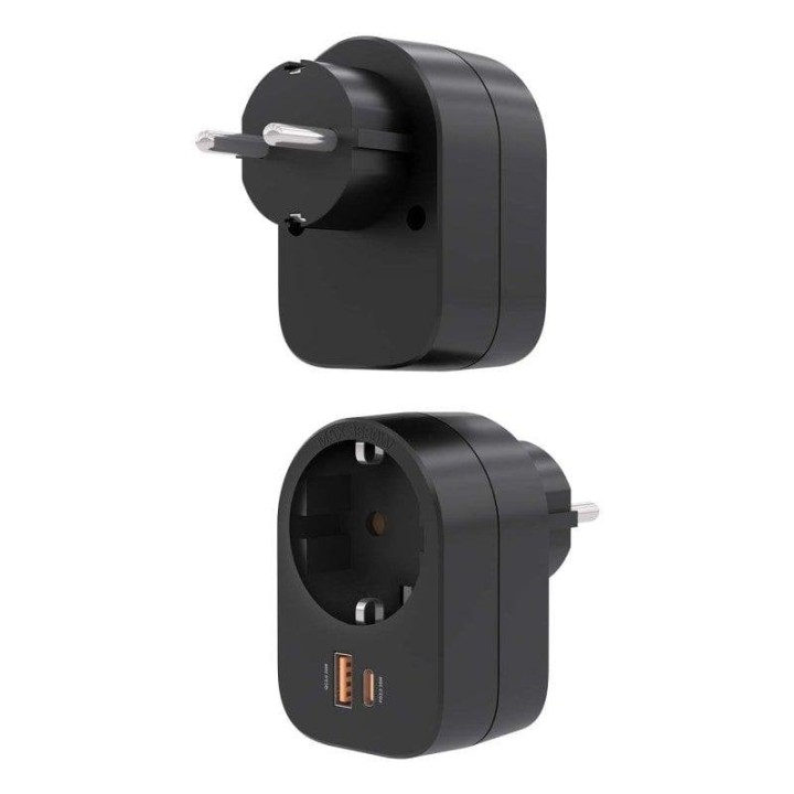 Regleta de pared AISENS PRPW1P-032C con USB-C 20W PD3.0, USB-A 20W QC3.0 y toma Schuko, Negro