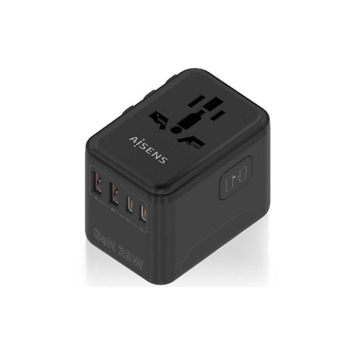 Adaptador de Viaje Universal AISENS GaN 2xUSB-A QC3.0 2xUSB-C PD3.0 25W Negro