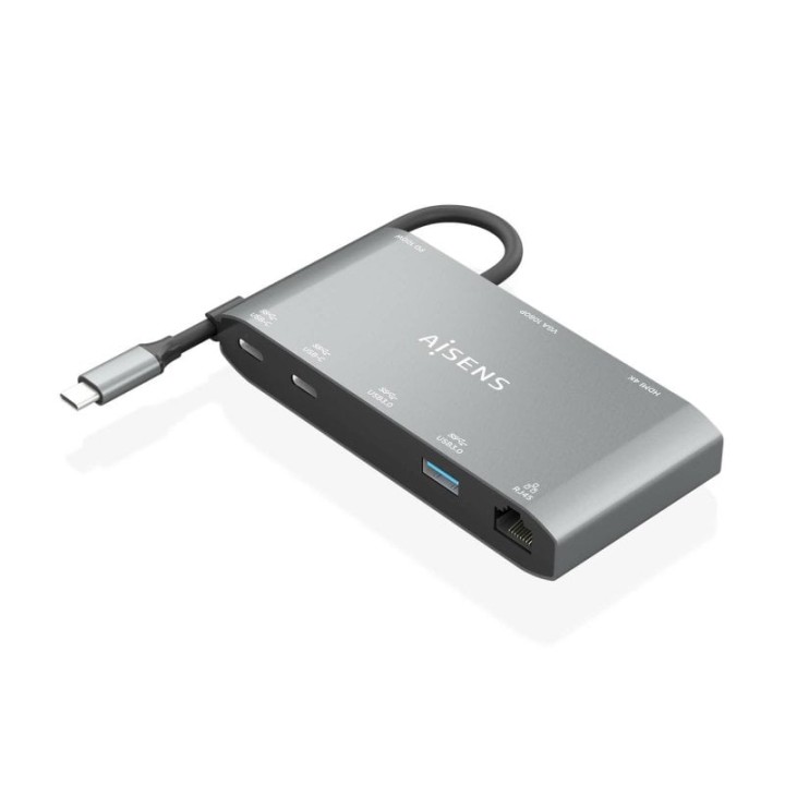 Conversor USB-C AISENS 8 en 1 Aluminio 4K HDMI 100W PD Gigabit LAN Compacto