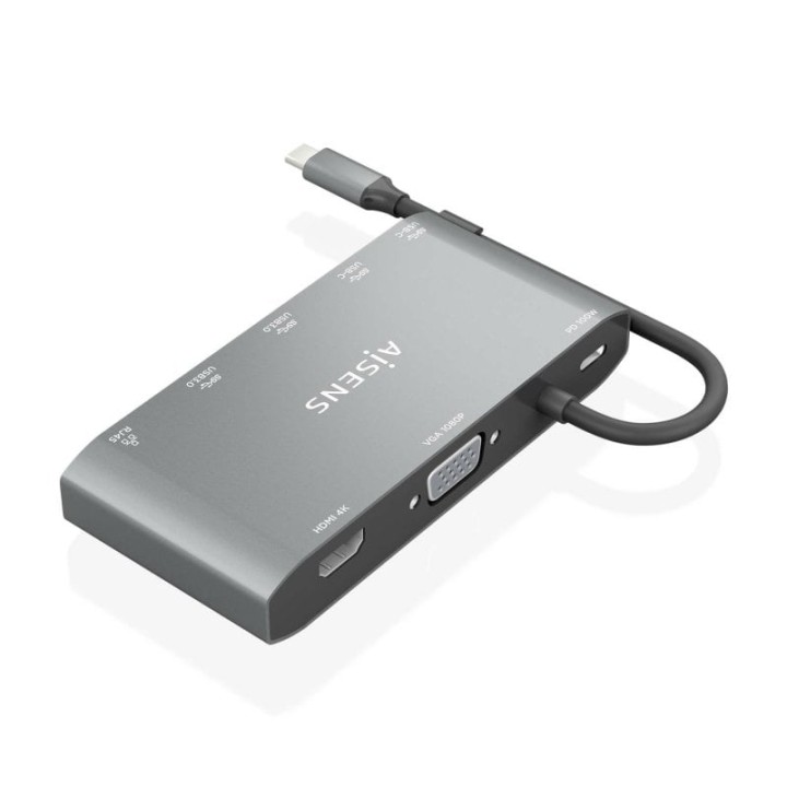 Conversor USB-C AISENS 8 en 1 Aluminio 4K HDMI 100W PD Gigabit LAN Compacto