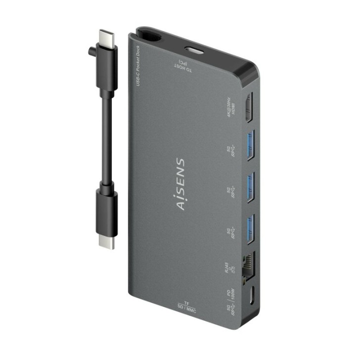 Dock USB-C Aisens Dock 8 en 1 Gris 4K HDMI RJ45 3xUSB-A SD MicroSD PD 100W 10cm