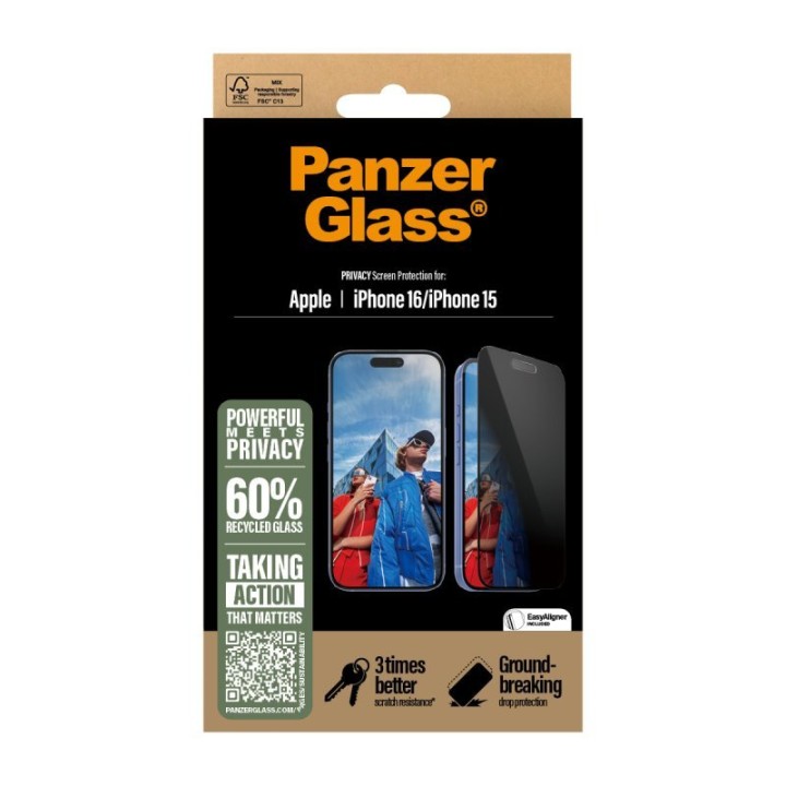 Protector de pantalla PanzerGlass iPhone 16/15 Privacy Ultra-Wide Fit vidrio templado 6.1"