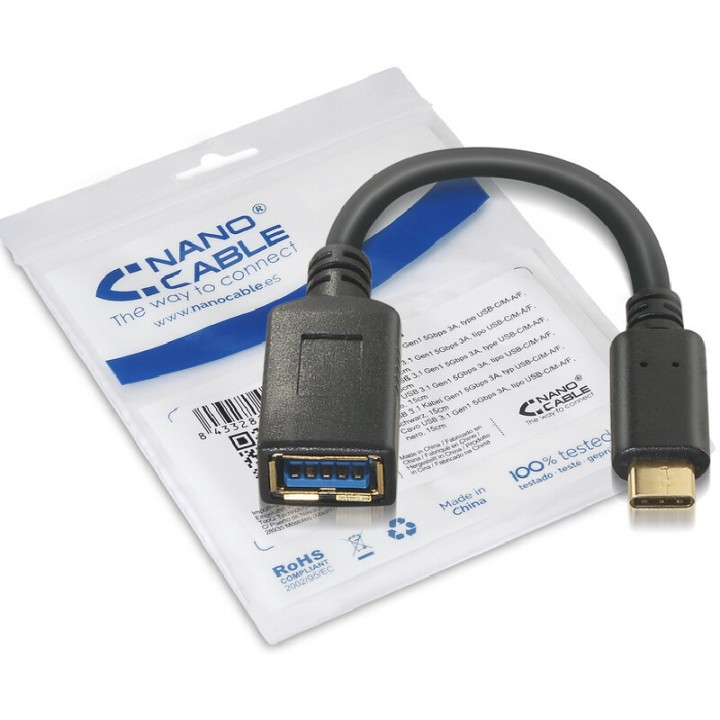 Nanocable Cable USB 3.1 Tipo C a USB Tipo A Macho/Hembra 15cm Negro