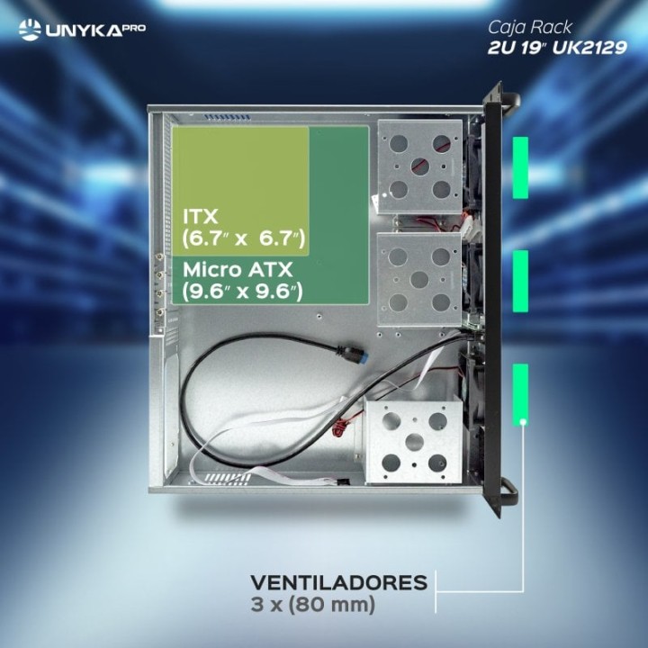 UNYKAch UK 2129 Caja Rack 19" 2U Negra Sin Fuente