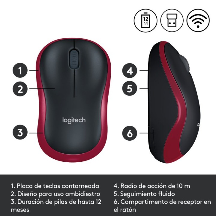 Logitech M185 Ratón Inalámbrico 1000DPI Rojo