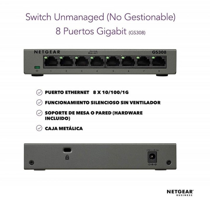 Netgear GS308-300PES Switch No Administrado 8 Puertos L2 Gigabit Ethernet