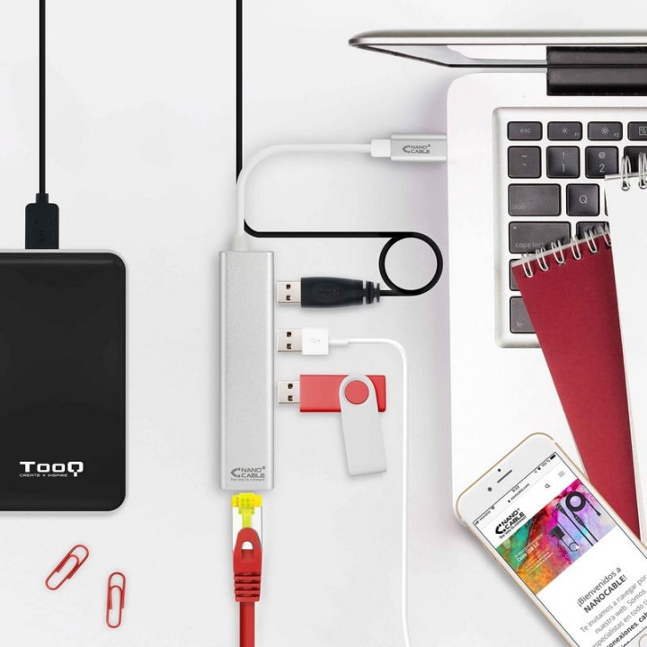 Nanocable Conversor USB-C a Ethernet Gigabit + 3x USB 3.0 15cm