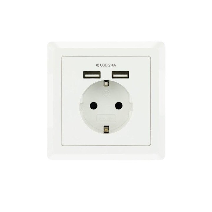 Nanocable Roseta Base de Enchufe de Pared Empotrable Tipo schuko con 2 Tomas USB 2.4A Blanca