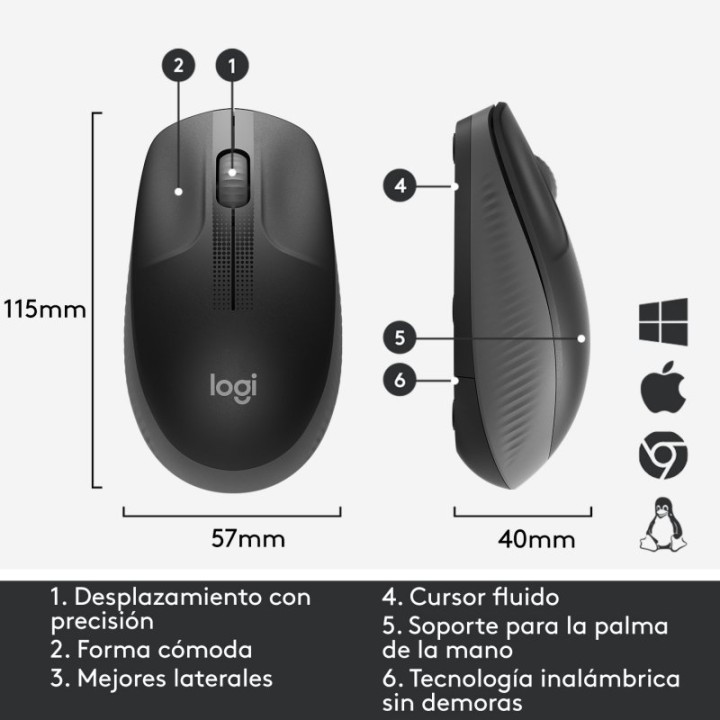 Logitech M190 Ratón Inalámbrico Full Size 1000DPI Gris