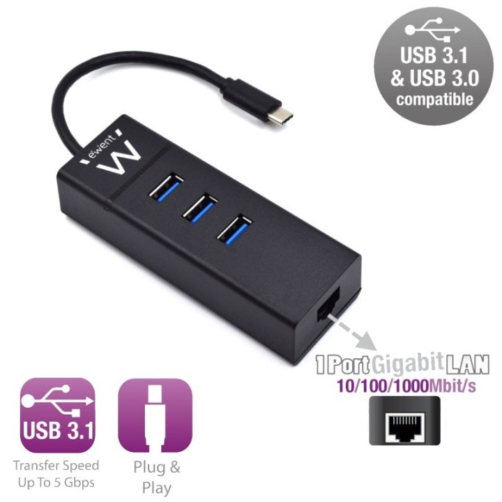 Ewent Hub 3 puertos USB 3.1 Tipo C con Puerto de Red Gigabit