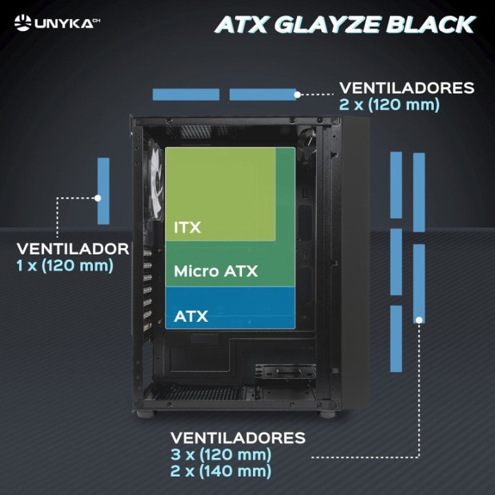 UNYKAch Glayze Caja PC ATX Negra RGB Cristal Templado USB 3.0