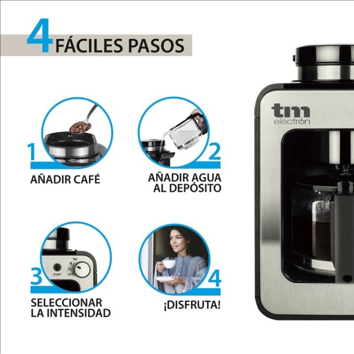 TM Electron Mini Cafetera de Goteo con Molinillo 4 Tazas 600W Plata