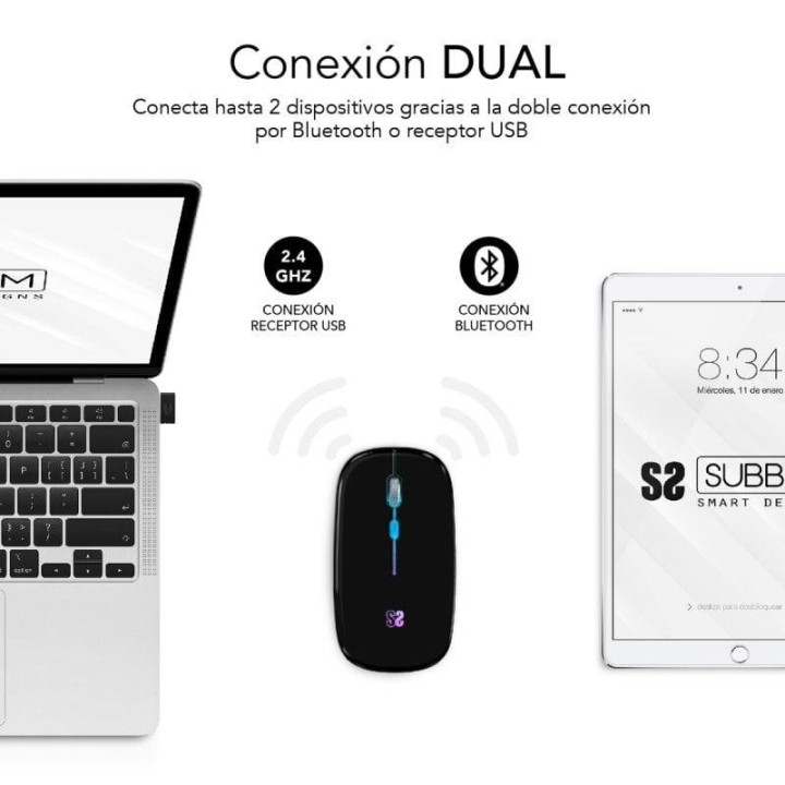 Ratón Subblim LED Dual Flat Mouse Bluetooth + RF 1600 DPI Negro RGB