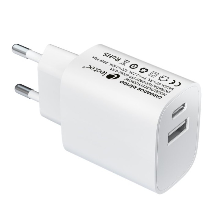 Leotec Cargador de Pared Doble USB-C PD/USB 2.0 20W Blanco