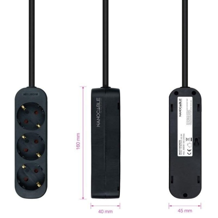Nanocable Regleta de Enchufes con 3 Tomas Tipo F 1.4m Negro