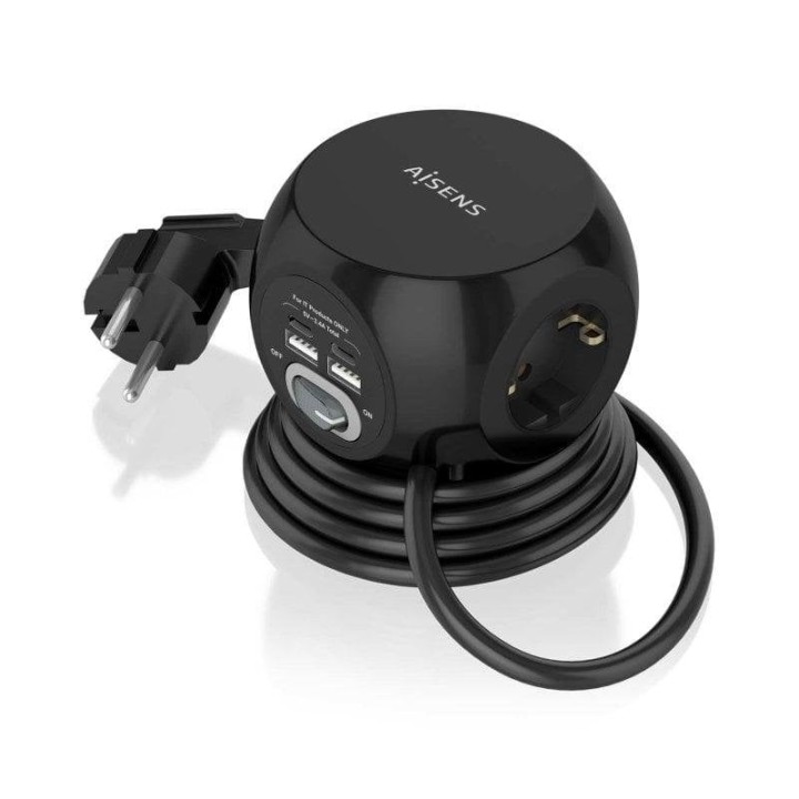 Aisens Regleta Sobremesa Multifuncion con 3 Tomas + 2xUSB-C/2xUSB-A 1.4m Negra