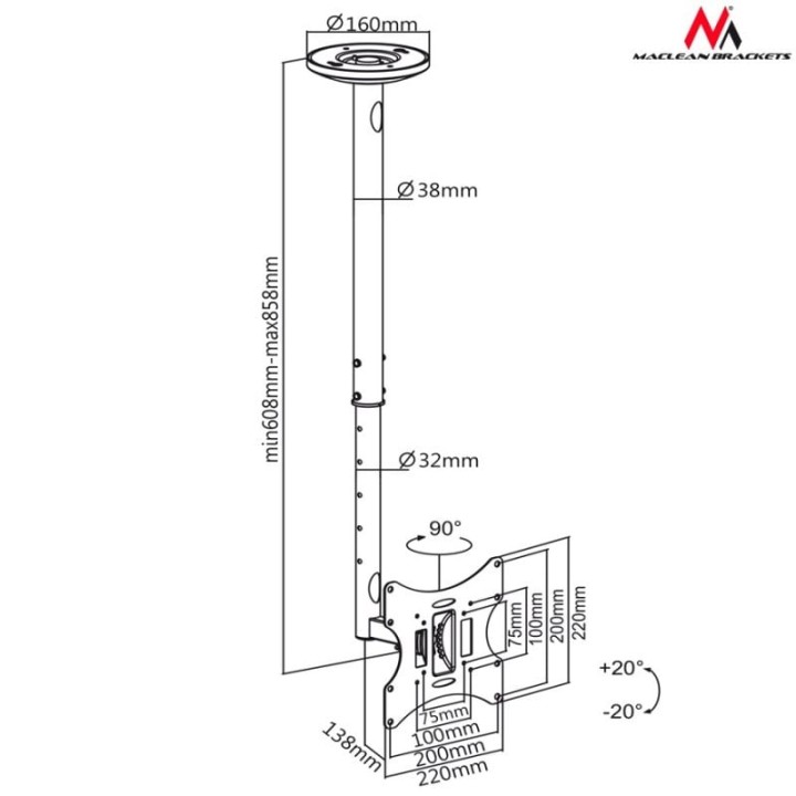 Maclean Mc-504a B Soporte de Techo para TV 23-42" VESA 200 Max 30kg Negro