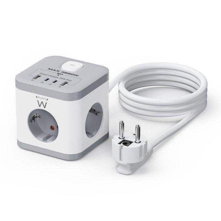 Ewent EW3863 Regleta en Bloque 3x Tomas Shucko 16A + 2x USB-A + 2x USB-C 5V/3A PD/QC 3.0 Blanca