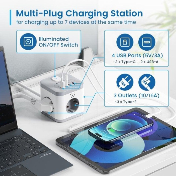 Ewent EW3863 Regleta en Bloque 3x Tomas Shucko 16A + 2x USB-A + 2x USB-C 5V/3A PD/QC 3.0 Blanca